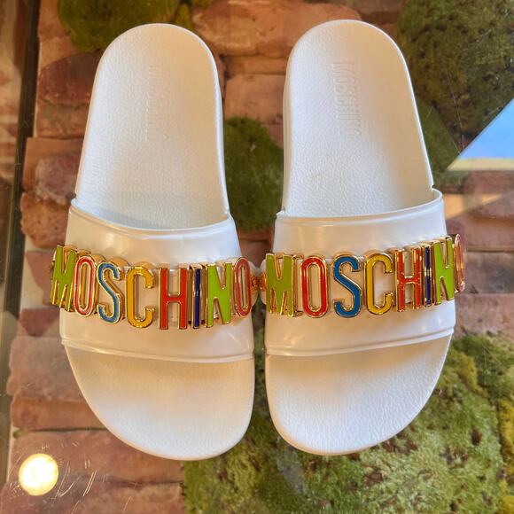 MOSCHINO White Multicolor Rubber Slides SZ 39 (9 US) - Picture 3 of 9